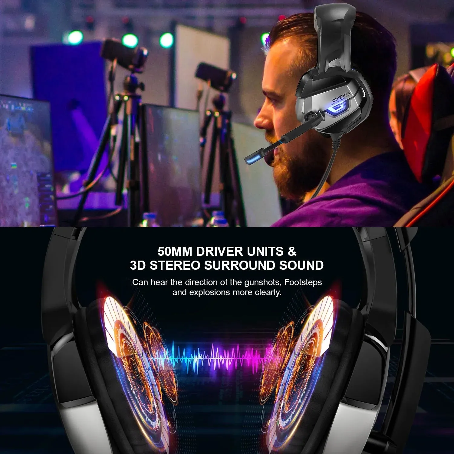 Onikuma K5 Gaming Headset  with Microphone, 7.1 Surround Sound, Noise Canceling for PS4, Xbox One, Laptop, PC