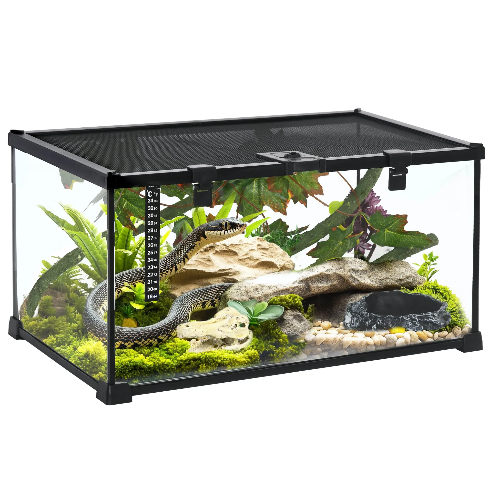 PawHut Glass Reptile Terrarium with Thermometer, Decor Kit, Heated - Black