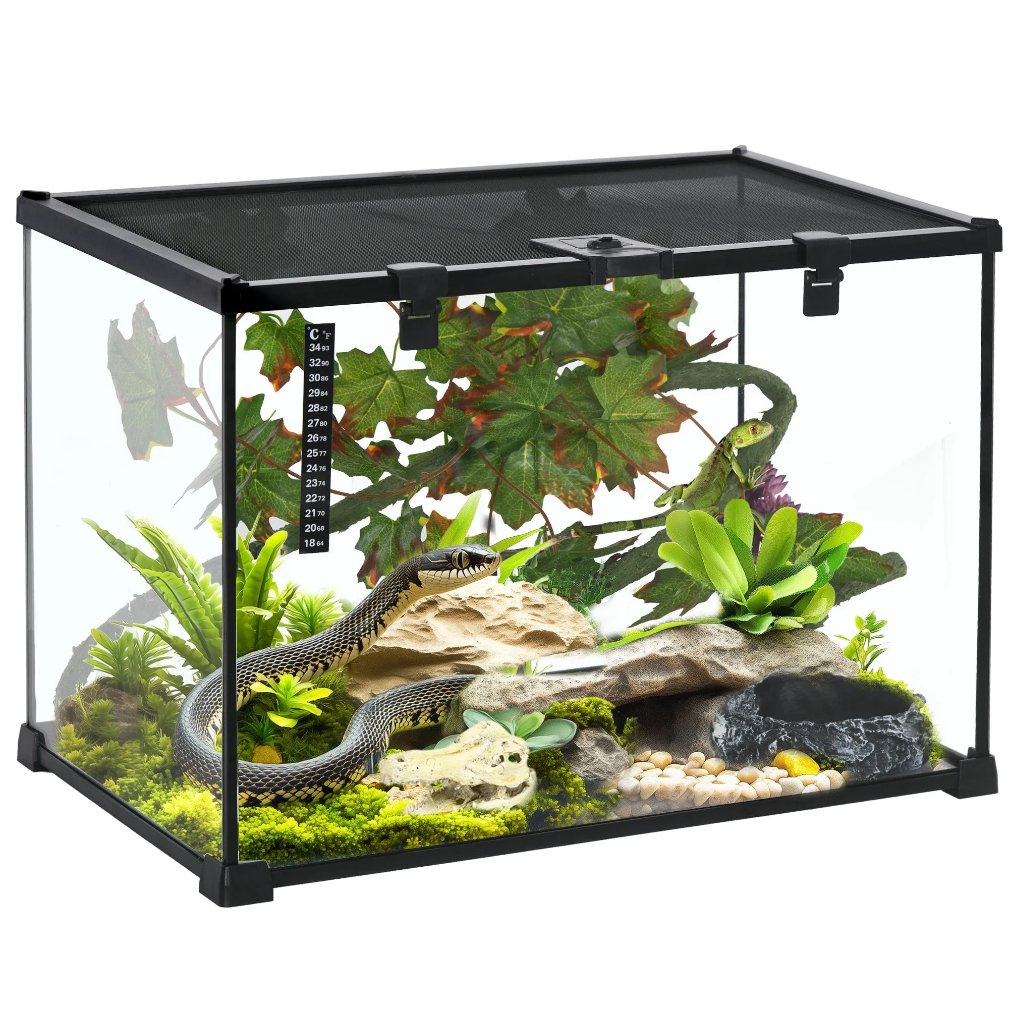 PawHut Glass Reptile Terrarium with Thermometer, Decor Kit, Heated - Black