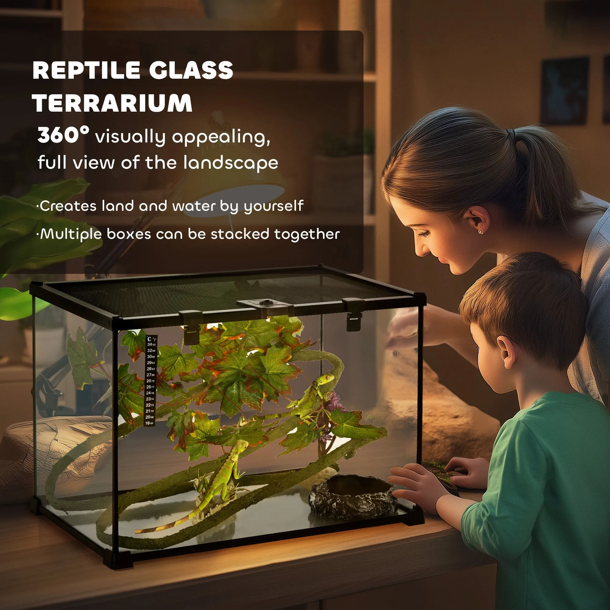 PawHut Glass Reptile Terrarium with Thermometer, Decor Kit, Heated - Black