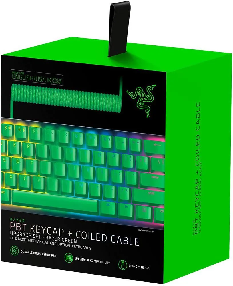 Razer Keycap PBT   Coiled Cable Upgrade Set: Durable Doubleshot PBT - Universal Compatibility - Keycap Removal Tool & Stabilizers - Tactically Coiled & Designed - Braided Fiber Cable - Razer Green