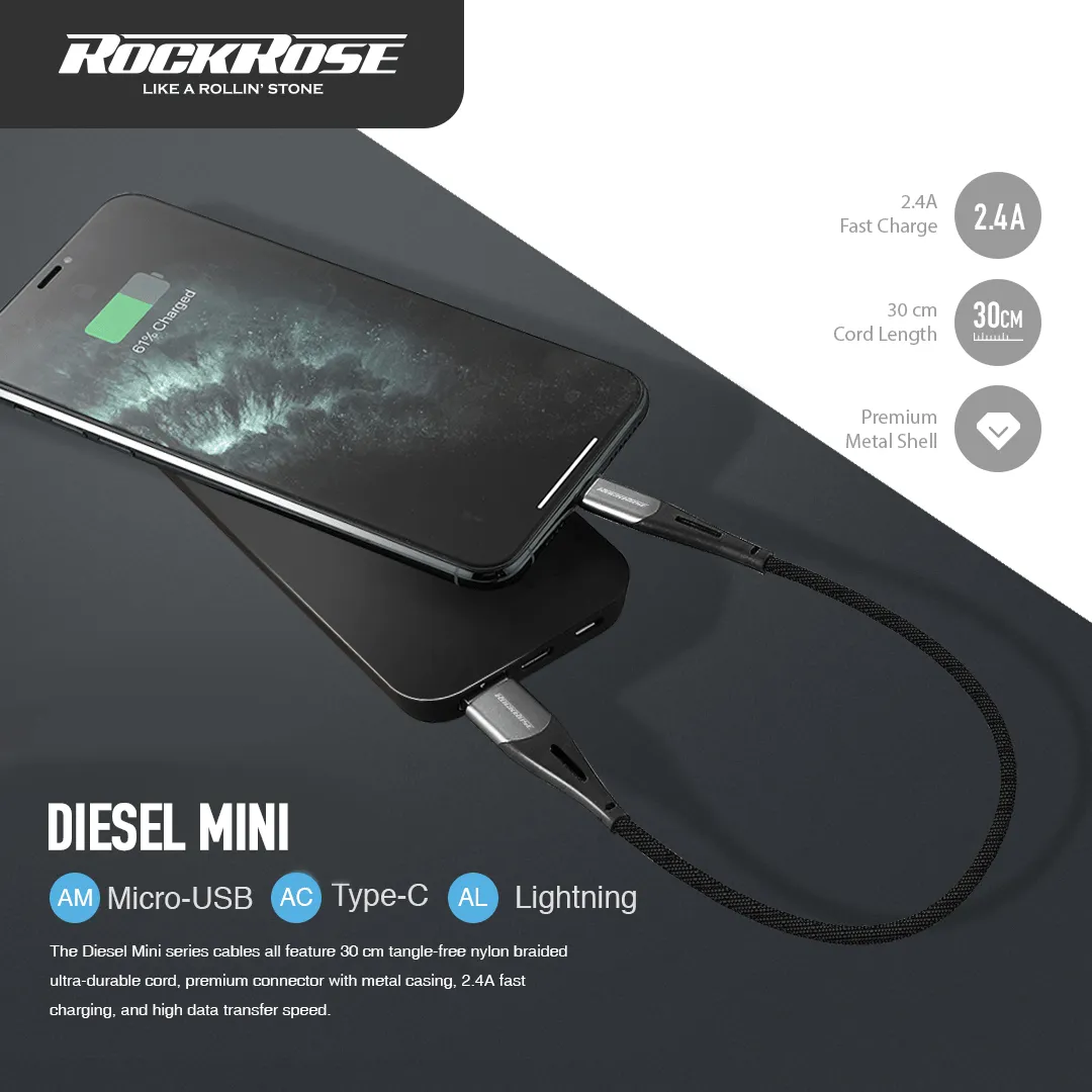 RockRose Diesel USB to USB-C Short Braided Cable (30cm)