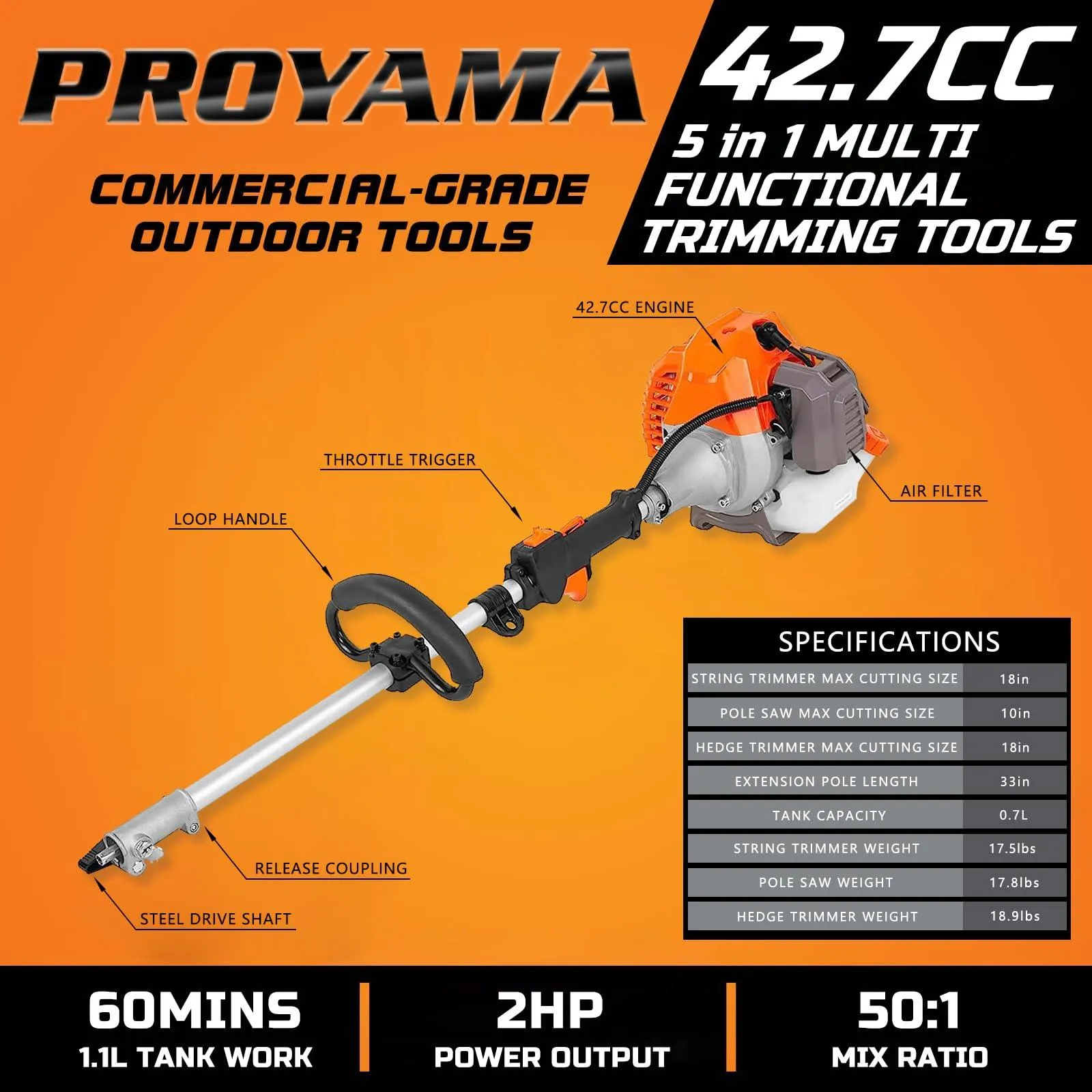 Ron PROYAMA Powerful 42.7cc 5 in 1 Multi Functional Trimming Tools,Gas Hedge Trimmer,String Trimmer, Brush Cutter,Pole Saw with Extension Pole