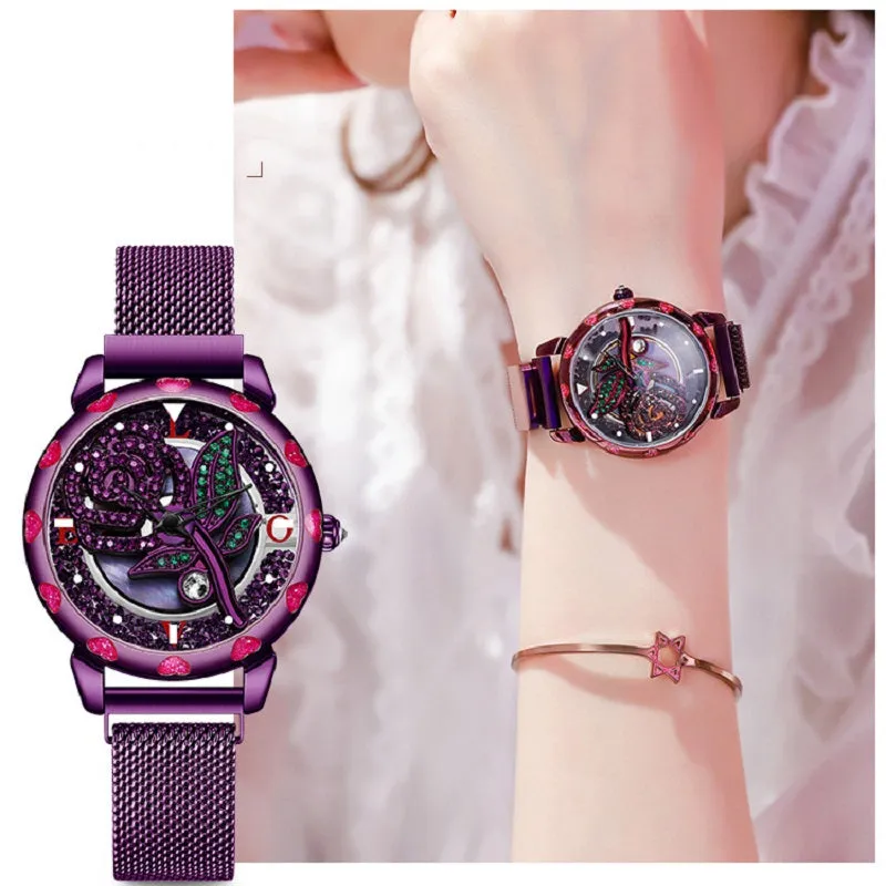 Rotatable Rose Pattern Dial Women's Watch