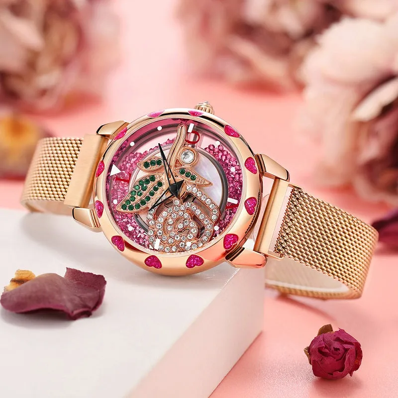 Rotatable Rose Pattern Dial Women's Watch