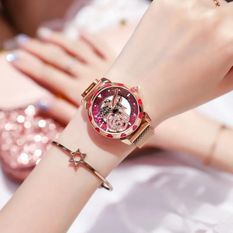 Rotatable Rose Pattern Dial Women's Watch