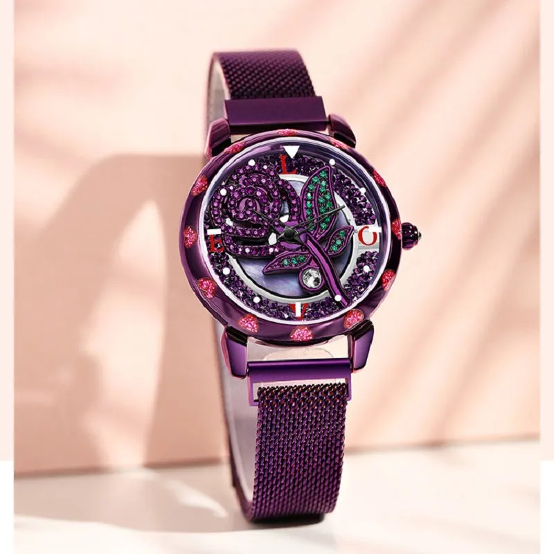 Rotatable Rose Pattern Dial Women's Watch