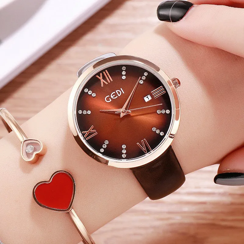 Round Dial With Calendar Leather Strap Women's Watch