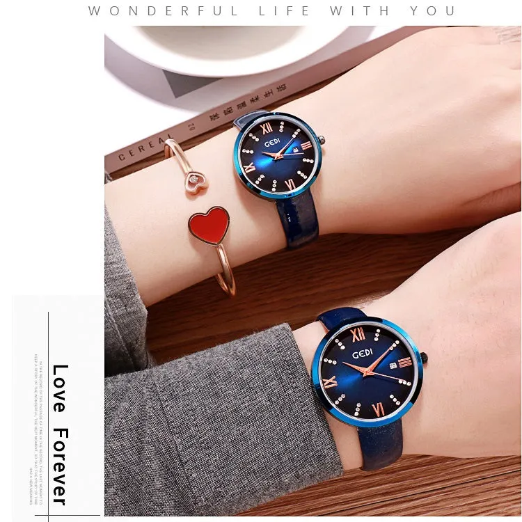 Round Dial With Calendar Leather Strap Women's Watch