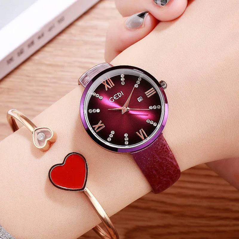 Round Dial With Calendar Leather Strap Women's Watch