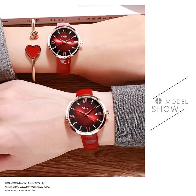 Round Dial With Calendar Leather Strap Women's Watch