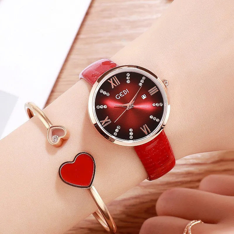 Round Dial With Calendar Leather Strap Women's Watch