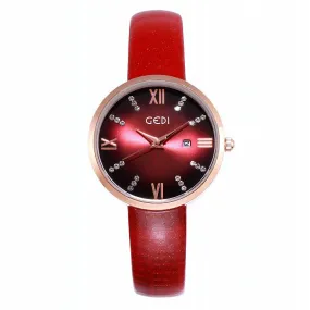 Round Dial With Calendar Leather Strap Women's Watch