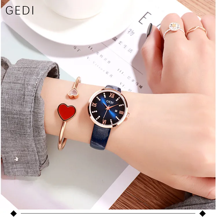 Round Dial With Calendar Leather Strap Women's Watch