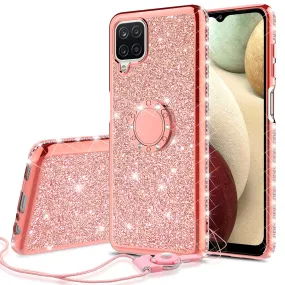 Samsung Galaxy A12 Case, Glitter Cute Phone Case Girls with Kickstand,Bling Diamond Rhinestone Bumper Ring Stand Sparkly Luxury Clear Thin Soft Protective Samsung Galaxy A12 Case for Girl Women - Rose Gold