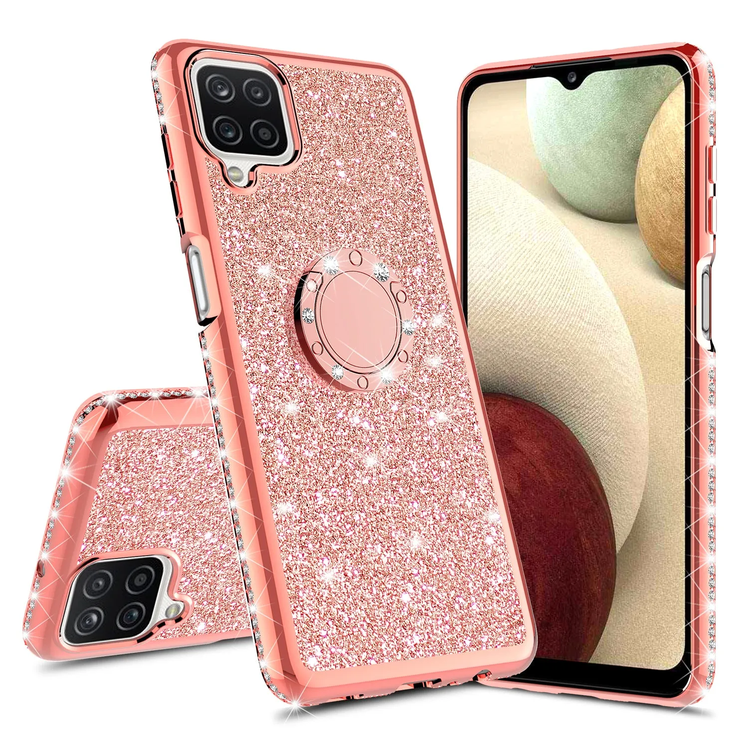 Samsung Galaxy A12 Case, Glitter Cute Phone Case Girls with Kickstand,Bling Diamond Rhinestone Bumper Ring Stand Sparkly Luxury Clear Thin Soft Protective Samsung Galaxy A12 Case for Girl Women - Rose Gold