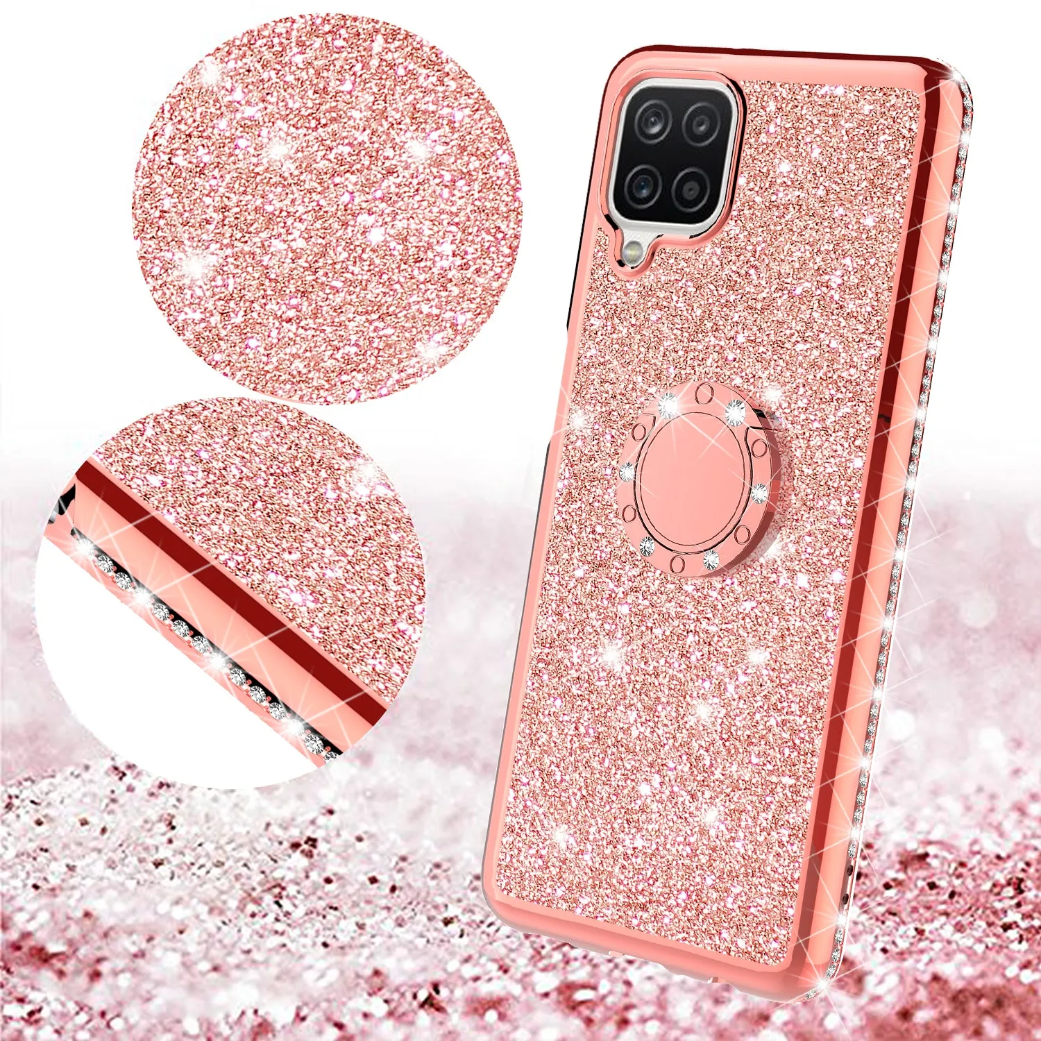 Samsung Galaxy A12 Case, Glitter Cute Phone Case Girls with Kickstand,Bling Diamond Rhinestone Bumper Ring Stand Sparkly Luxury Clear Thin Soft Protective Samsung Galaxy A12 Case for Girl Women - Rose Gold