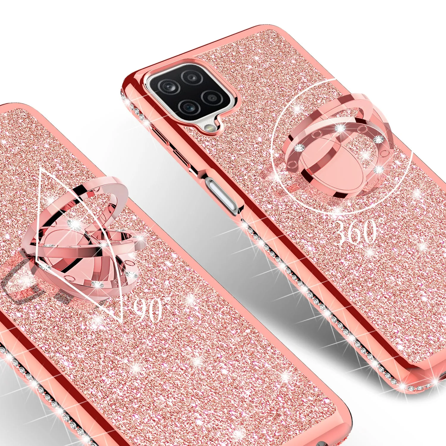 Samsung Galaxy A12 Case, Glitter Cute Phone Case Girls with Kickstand,Bling Diamond Rhinestone Bumper Ring Stand Sparkly Luxury Clear Thin Soft Protective Samsung Galaxy A12 Case for Girl Women - Rose Gold