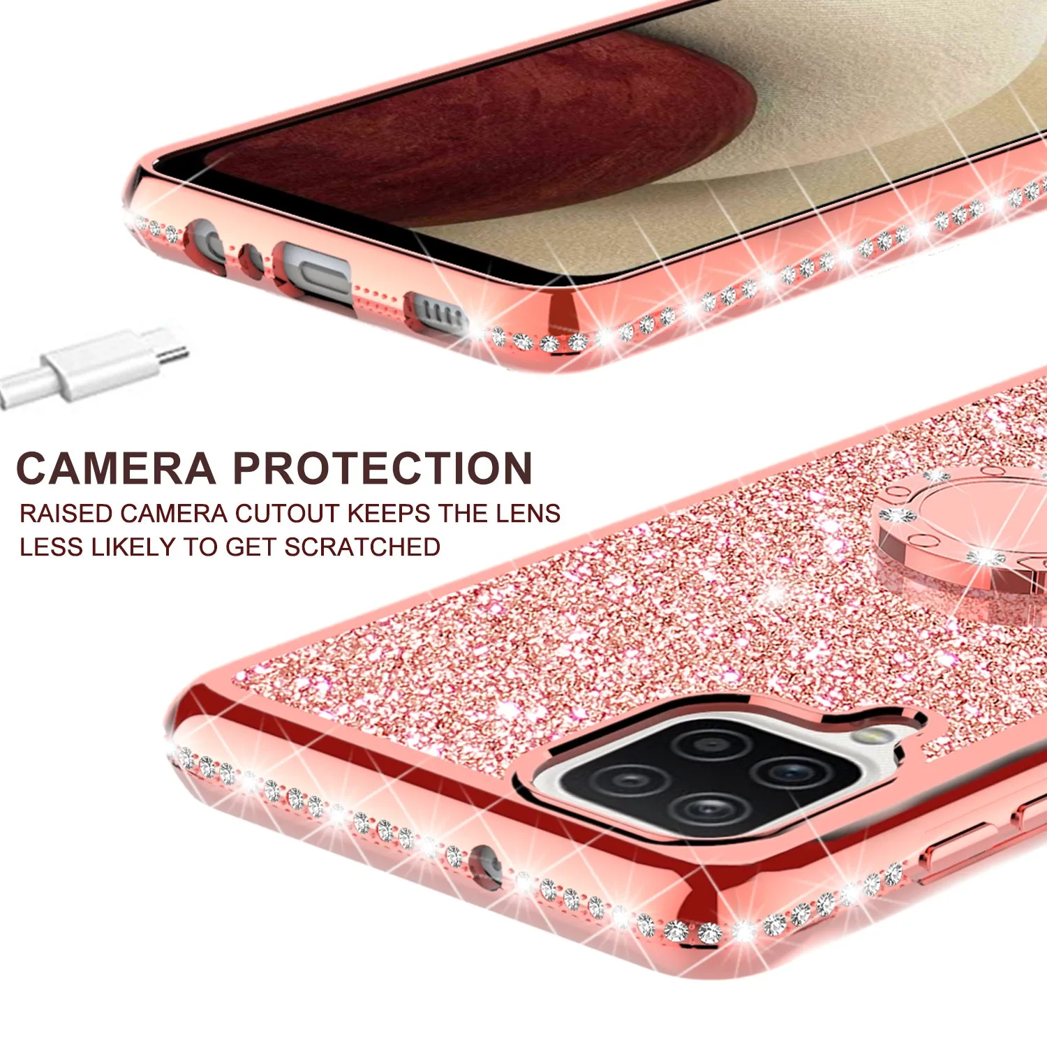 Samsung Galaxy A12 Case, Glitter Cute Phone Case Girls with Kickstand,Bling Diamond Rhinestone Bumper Ring Stand Sparkly Luxury Clear Thin Soft Protective Samsung Galaxy A12 Case for Girl Women - Rose Gold