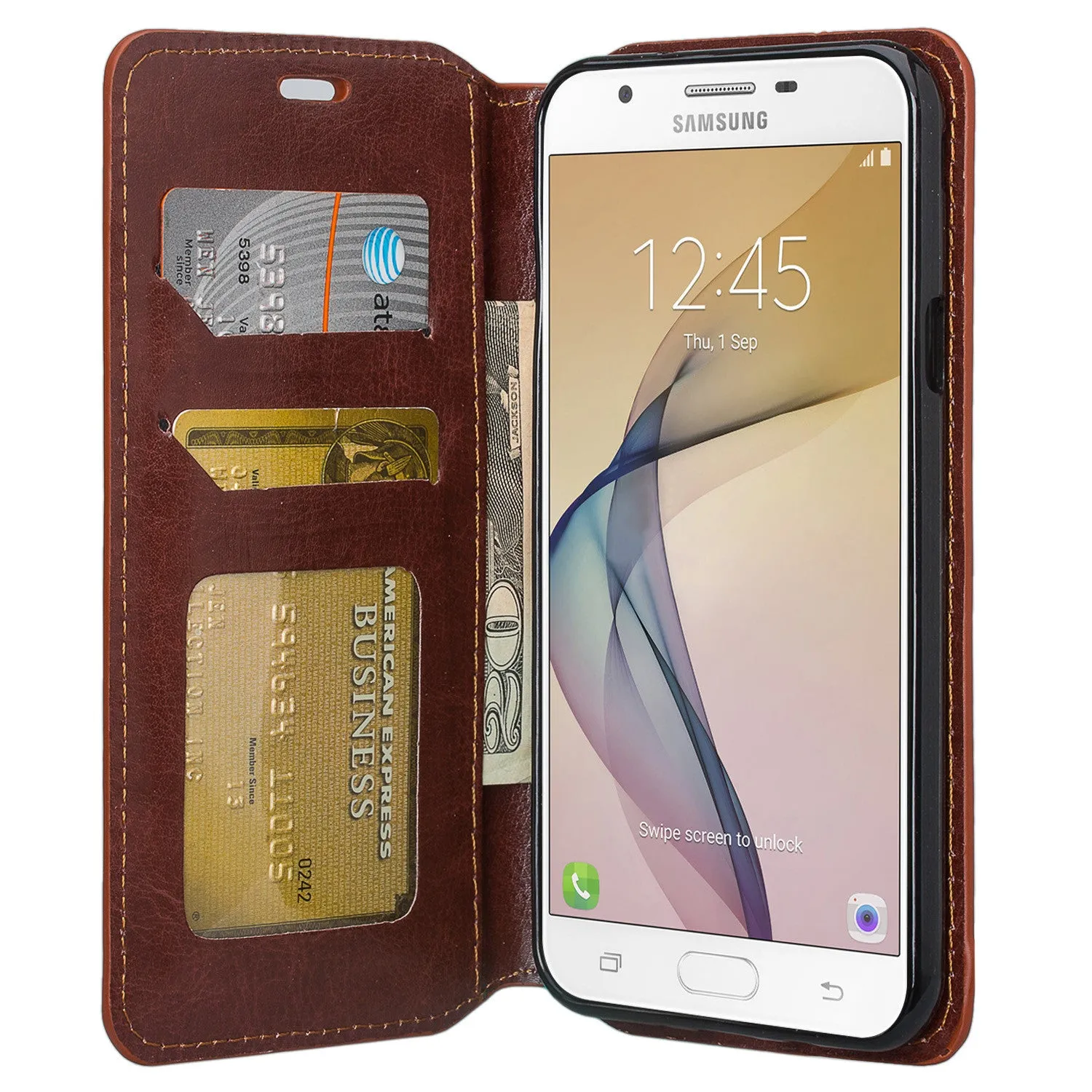 Samsung Galaxy J7 (2017) / J7 Sky Pro / J7 Perx / J7 V / J7 Prime / Galaxy Halo Case, Pu Leather Magnetic Flip[Kickstand] Wallet Cover with Card Slots - Brown