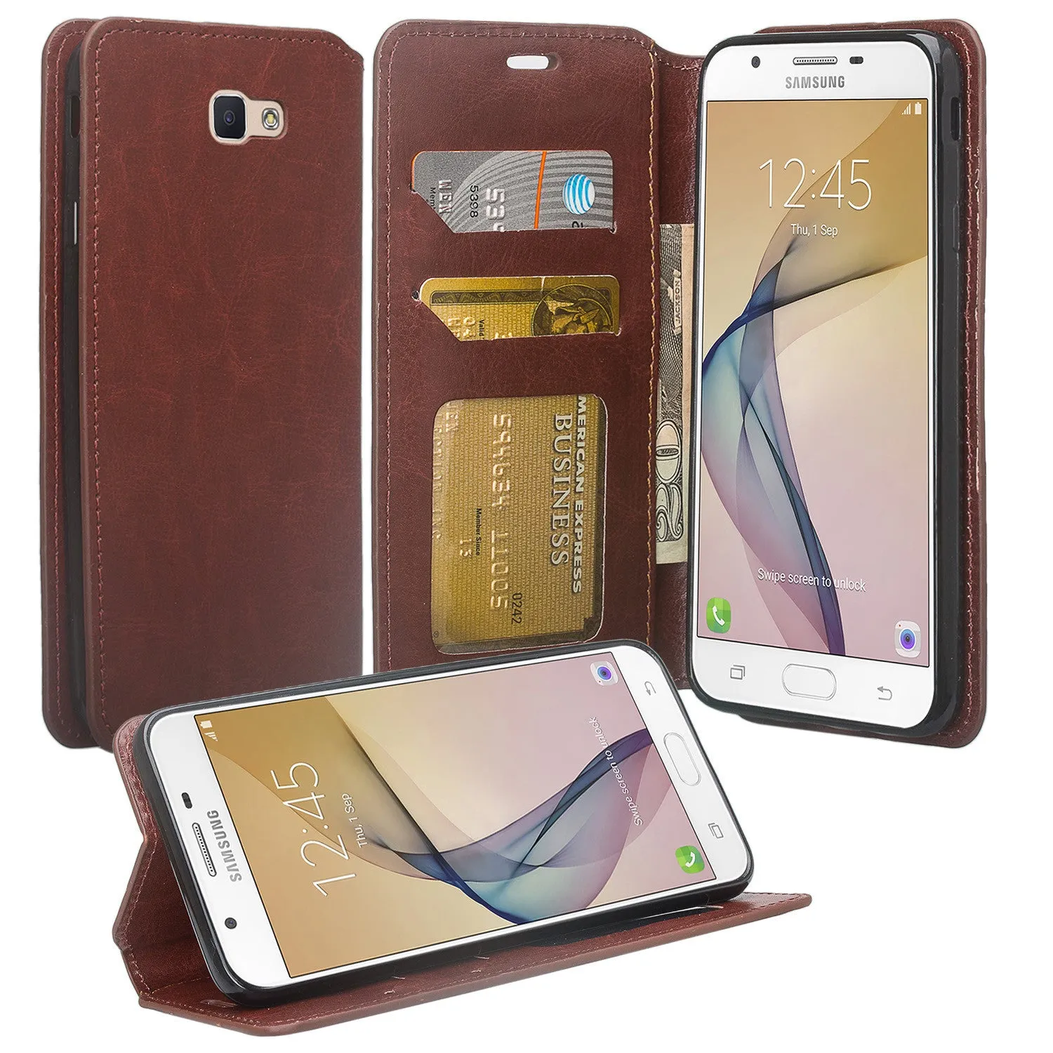 Samsung Galaxy J7 Prime 2016, G610, Galaxy On7 Case, Slim Magnetic Flip Fold[Kickstand] Pu Leather Wallet Cover with Slots - Brown