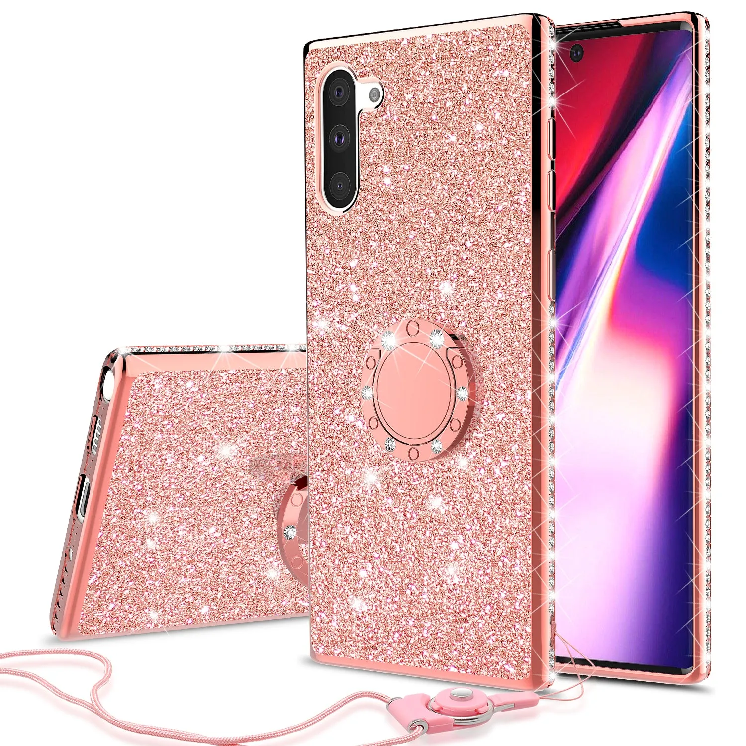 Samsung Galaxy Note 10 Plus Case, Glitter Cute Phone Case Girls with Kickstand,Bling Diamond Rhinestone Bumper Ring Stand Sparkly Luxury Clear Thin Soft Protective Samsung Galaxy Note 10 Plus Case for Girl Women - Rose Gold