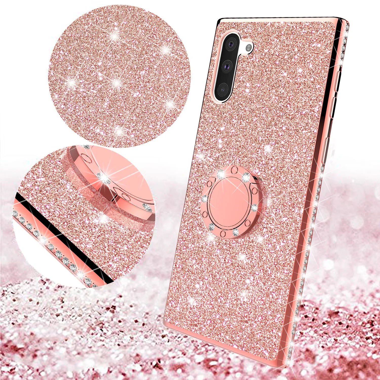 Samsung Galaxy Note 10 Plus Case, Glitter Cute Phone Case Girls with Kickstand,Bling Diamond Rhinestone Bumper Ring Stand Sparkly Luxury Clear Thin Soft Protective Samsung Galaxy Note 10 Plus Case for Girl Women - Rose Gold