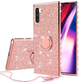 Samsung Galaxy Note 10 Plus Case, Glitter Cute Phone Case Girls with Kickstand,Bling Diamond Rhinestone Bumper Ring Stand Sparkly Luxury Clear Thin Soft Protective Samsung Galaxy Note 10 Plus Case for Girl Women - Rose Gold