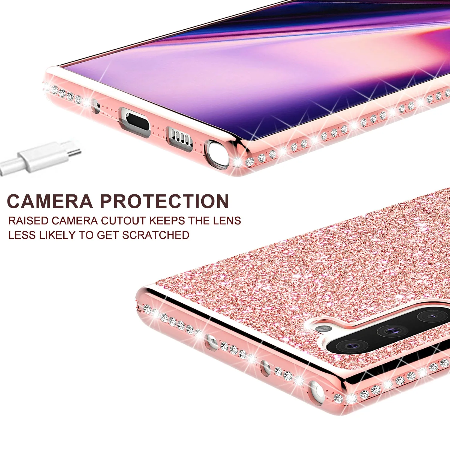 Samsung Galaxy Note 10 Plus Case, Glitter Cute Phone Case Girls with Kickstand,Bling Diamond Rhinestone Bumper Ring Stand Sparkly Luxury Clear Thin Soft Protective Samsung Galaxy Note 10 Plus Case for Girl Women - Rose Gold