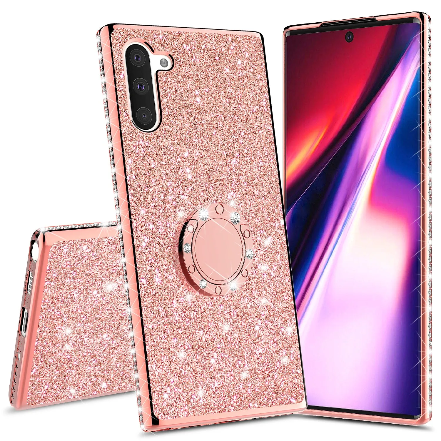 Samsung Galaxy Note 10 Plus Case, Glitter Cute Phone Case Girls with Kickstand,Bling Diamond Rhinestone Bumper Ring Stand Sparkly Luxury Clear Thin Soft Protective Samsung Galaxy Note 10 Plus Case for Girl Women - Rose Gold