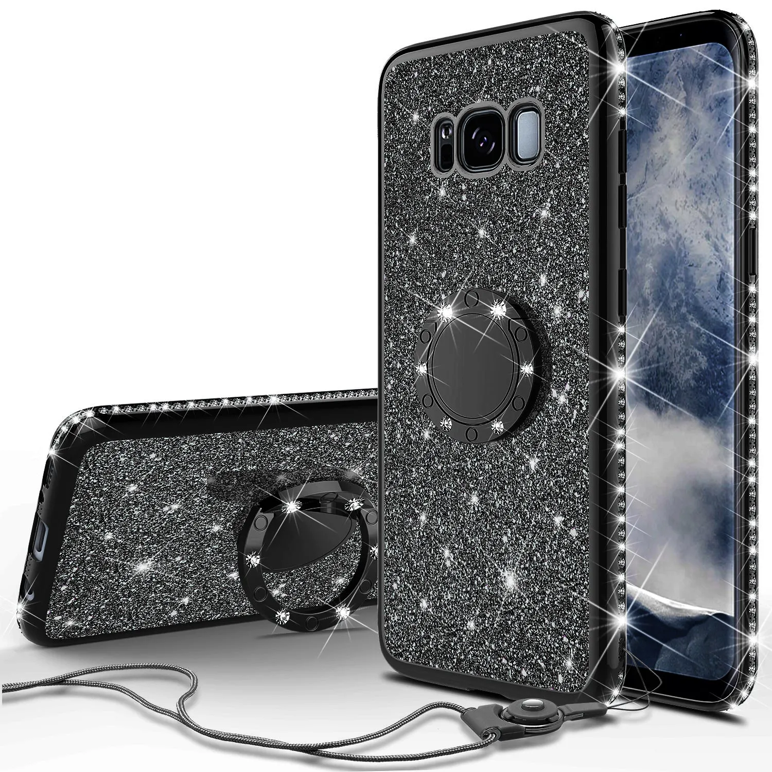 Samsung Galaxy S8 Plus Case, SM-G955 Case, Glitter Cute Phone Case Girls with Kickstand,Bling Diamond Rhinestone Bumper Ring Stand Sparkly Luxury Clear Thin Soft Protective Samsung Galaxy S8 Plus Case for Girl Women - Black