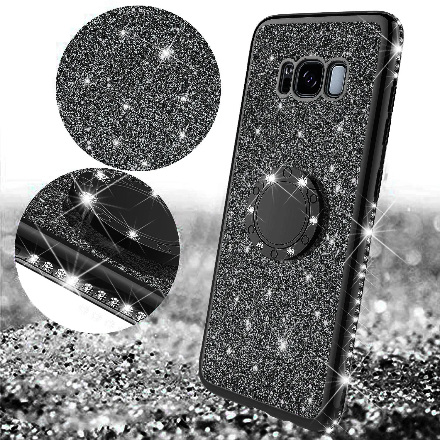 Samsung Galaxy S8 Plus Case, SM-G955 Case, Glitter Cute Phone Case Girls with Kickstand,Bling Diamond Rhinestone Bumper Ring Stand Sparkly Luxury Clear Thin Soft Protective Samsung Galaxy S8 Plus Case for Girl Women - Black