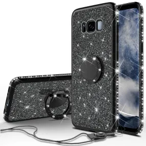 Samsung Galaxy S8 Plus Case, SM-G955 Case, Glitter Cute Phone Case Girls with Kickstand,Bling Diamond Rhinestone Bumper Ring Stand Sparkly Luxury Clear Thin Soft Protective Samsung Galaxy S8 Plus Case for Girl Women - Black