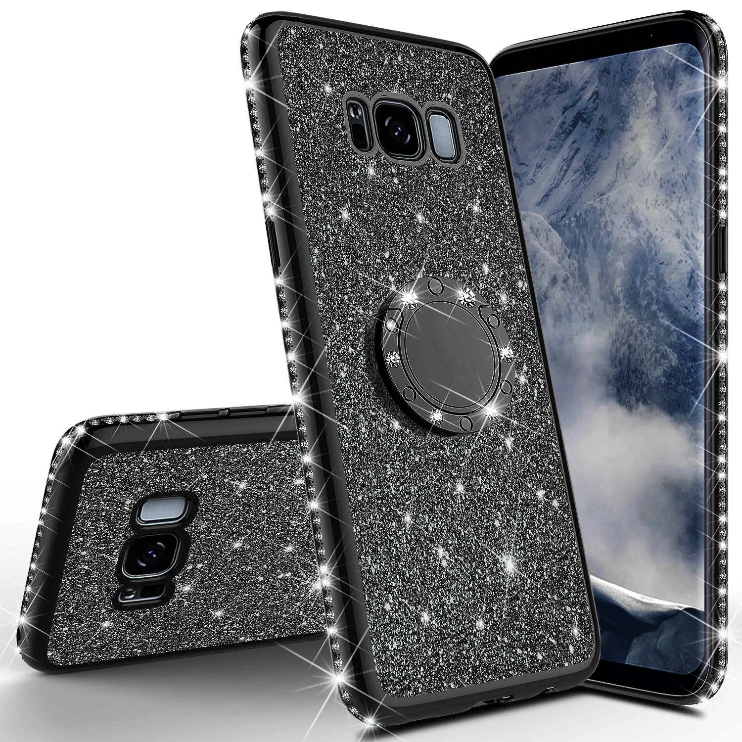 Samsung Galaxy S8 Plus Case, SM-G955 Case, Glitter Cute Phone Case Girls with Kickstand,Bling Diamond Rhinestone Bumper Ring Stand Sparkly Luxury Clear Thin Soft Protective Samsung Galaxy S8 Plus Case for Girl Women - Black