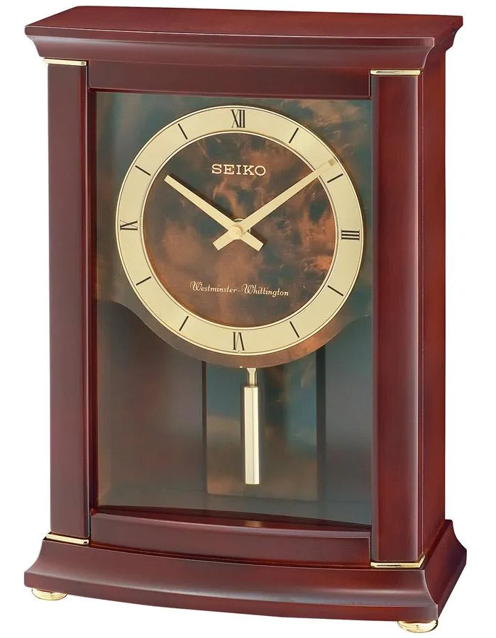 Seiko Pendulum Mantel Clock with Chime - Dark Brown w/ Brass & Burlwood Accents