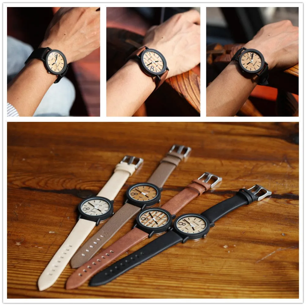 Simulation Wooden Quartz Men Watches Casual Wooden Color Leather Strap Watch