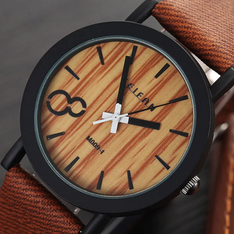 Simulation Wooden Quartz Men Watches Casual Wooden Color Leather Strap Watch