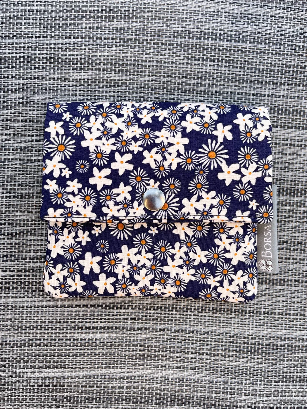 Small Slim Wallet - Light Weight - Added RFID Fabric - Navy Daisy Fabric