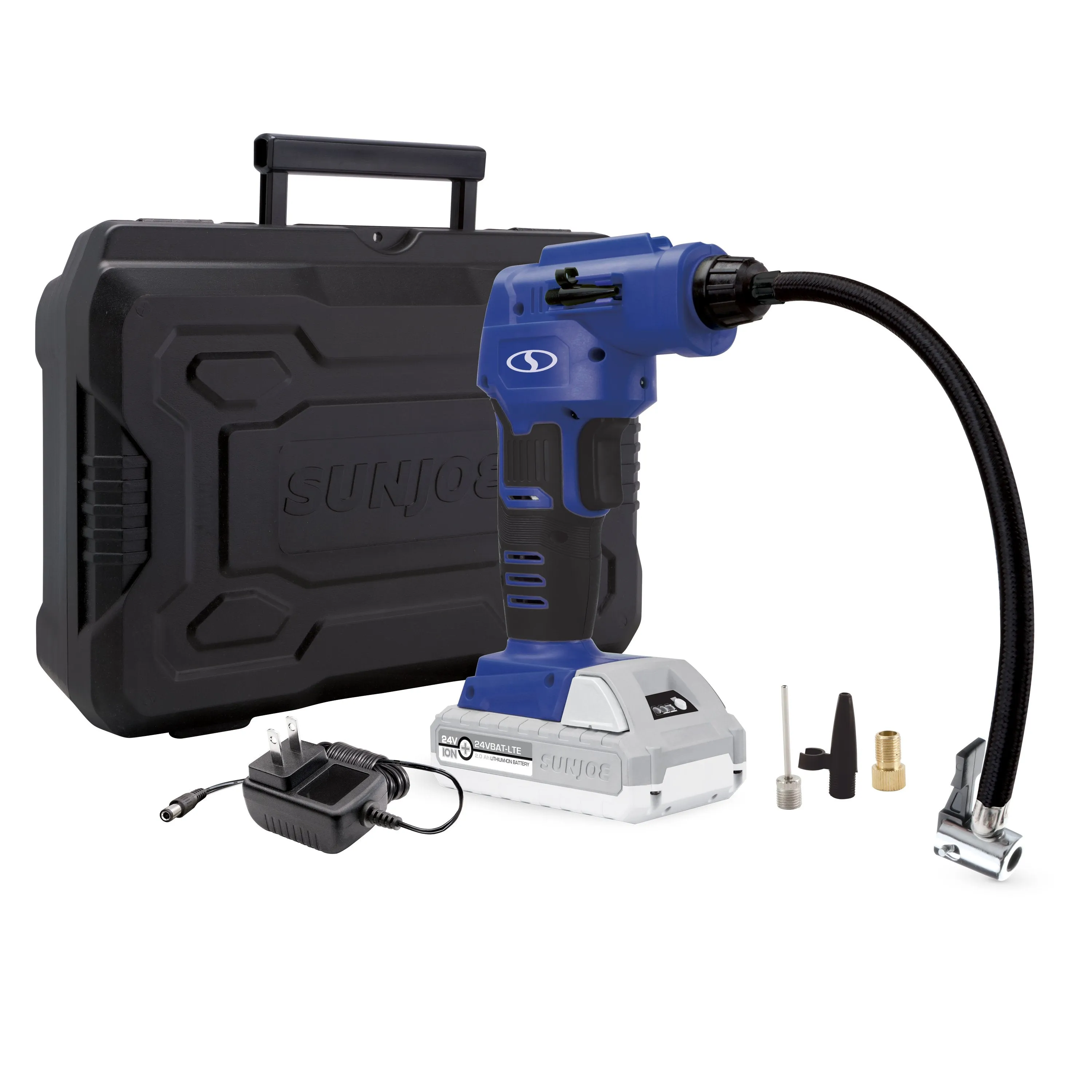 Sun Joe 24V-AJC-LTE-SJB-RM 24-Volt iON  Cordless Portable Air Compressor Kit with Nozzle Adapters, Automatic Digital Pressure Gauge, Built-in LED Light & Case, and 2.0-Ah Battery and Charger (Blue) (Certified Refurbished)