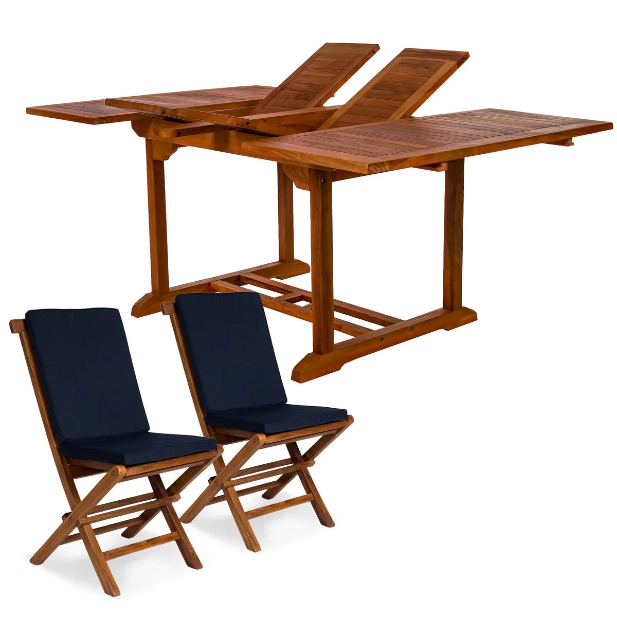 Teak 9-Piece Butterfly Dining Set, Table Extends 50"/75", Seats 6- 8 People & Includes Folding Chairs.