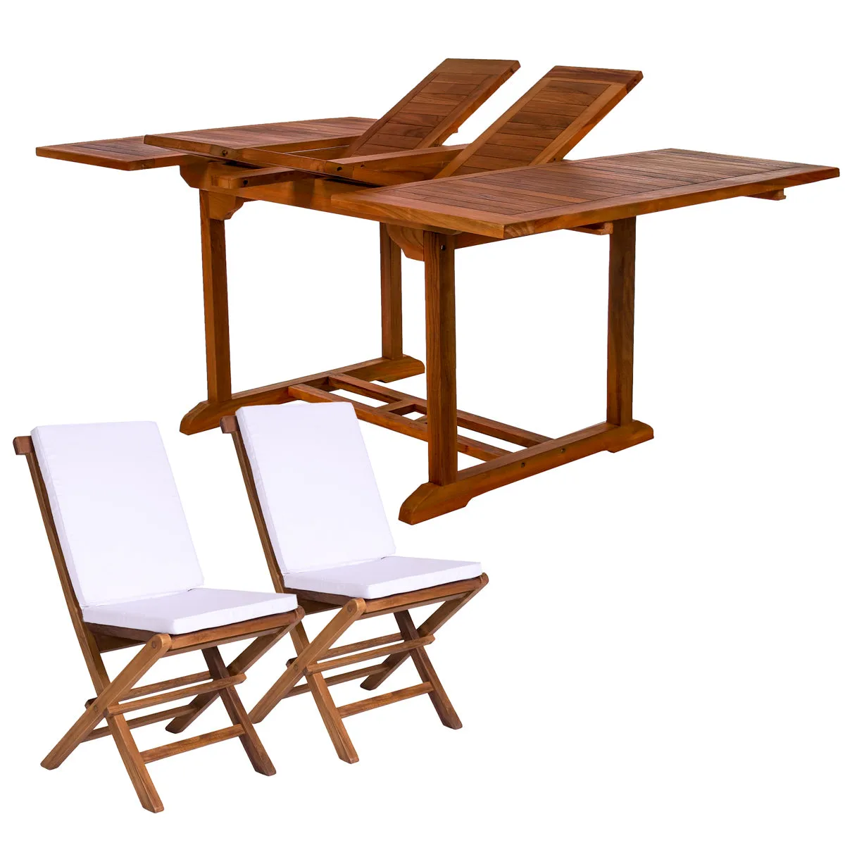 Teak 9-Piece Butterfly Dining Set, Table Extends 50"/75", Seats 6- 8 People & Includes Folding Chairs.