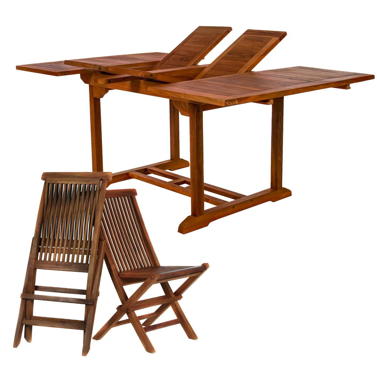 Teak 9-Piece Butterfly Dining Set, Table Extends 50"/75", Seats 6- 8 People & Includes Folding Chairs.