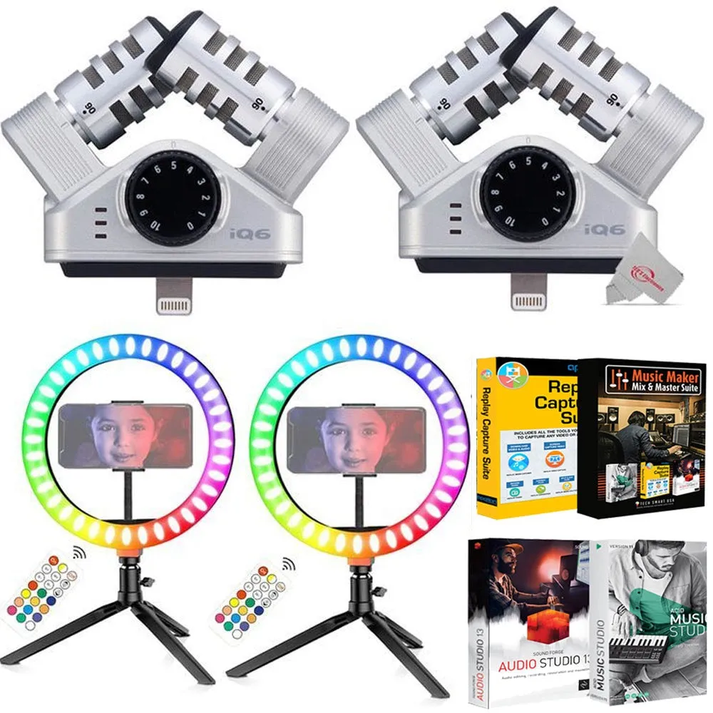 Two Zoom iQ6 Stereo X/Y Microphone for iOS Devices with Lightning Connector for iPhone iPad    Two  Vivitar Vlog Essentials 10 Inch Full Color RGB LED Ring Light 360° Rotation   Music Maker Mix and Master Suite