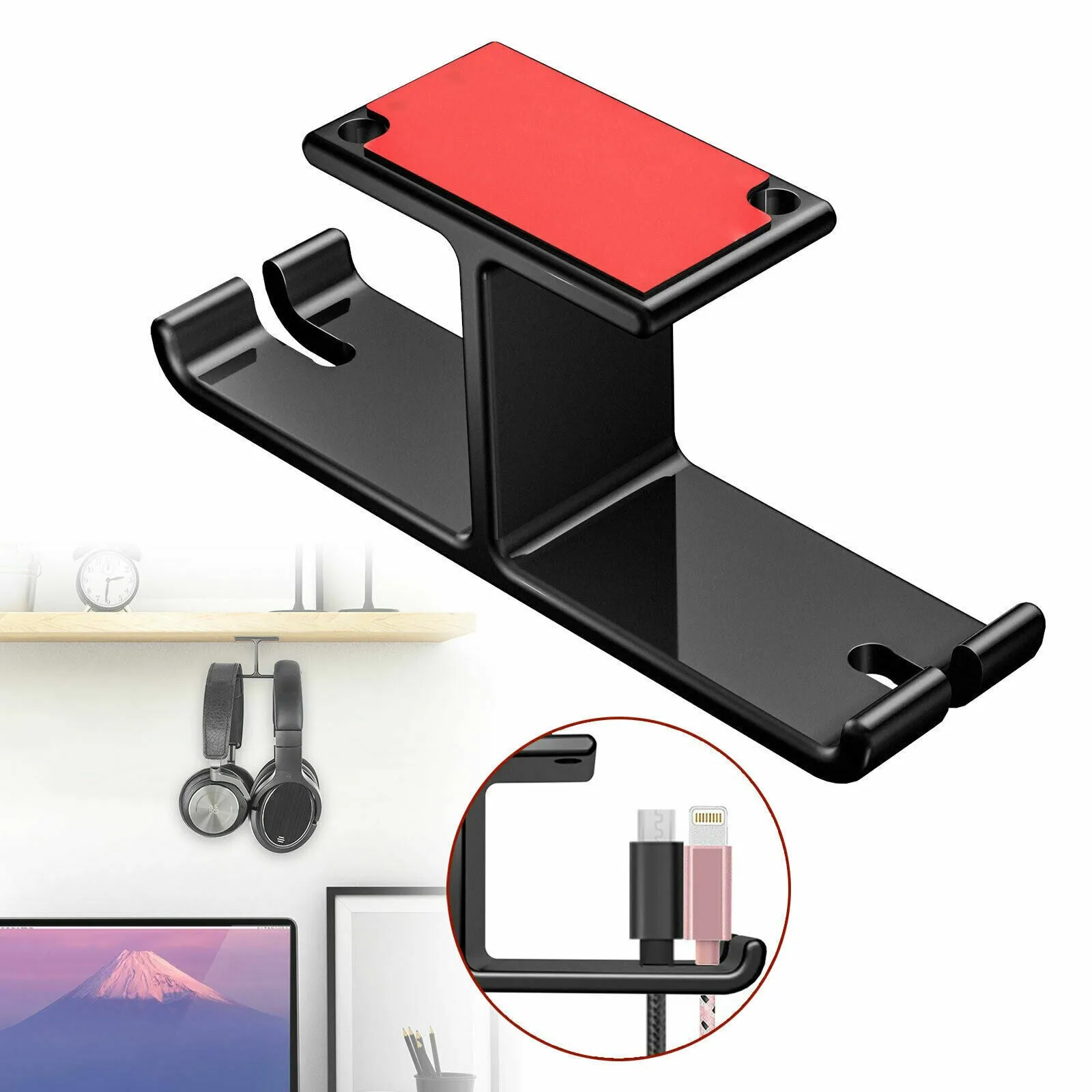 US Aluminum Headphone Hanger Hook Tape Under Desk Dual Headset Mount Holder