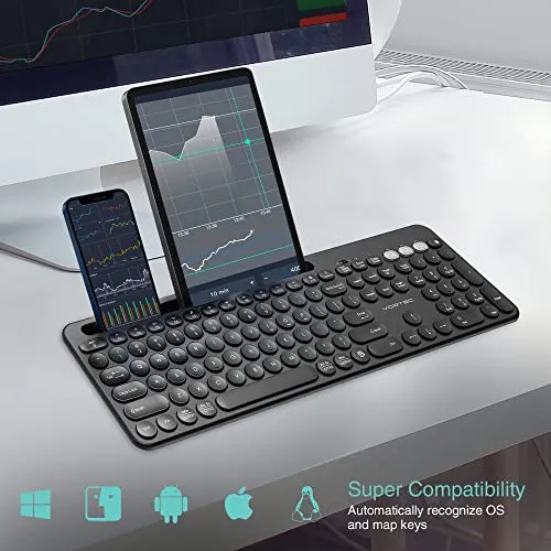 Vortec Wireless Multi-Device Bluetooth Keyboard - Compatible with iPhone, iPad, Android, Mac, PC - Includes Phone Tablet Holder