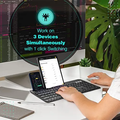 Vortec Wireless Multi-Device Bluetooth Keyboard - Compatible with iPhone, iPad, Android, Mac, PC - Includes Phone Tablet Holder