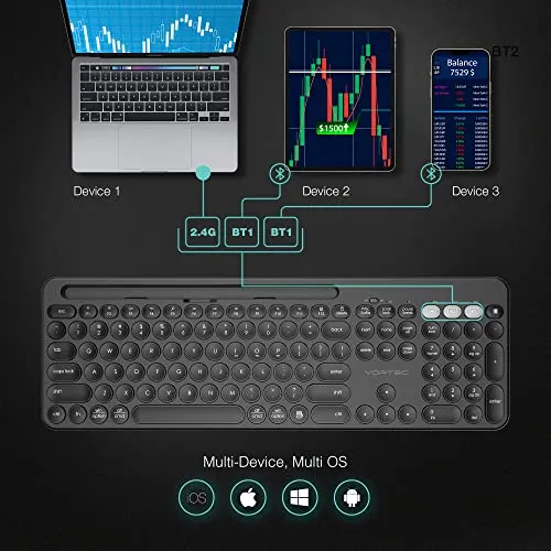 Vortec Wireless Multi-Device Bluetooth Keyboard - Compatible with iPhone, iPad, Android, Mac, PC - Includes Phone Tablet Holder