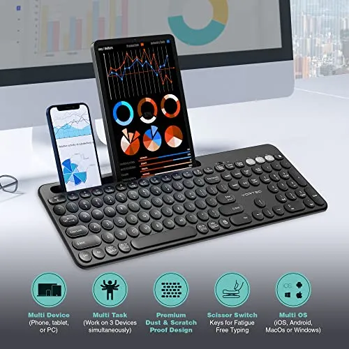 Vortec Wireless Multi-Device Bluetooth Keyboard - Compatible with iPhone, iPad, Android, Mac, PC - Includes Phone Tablet Holder