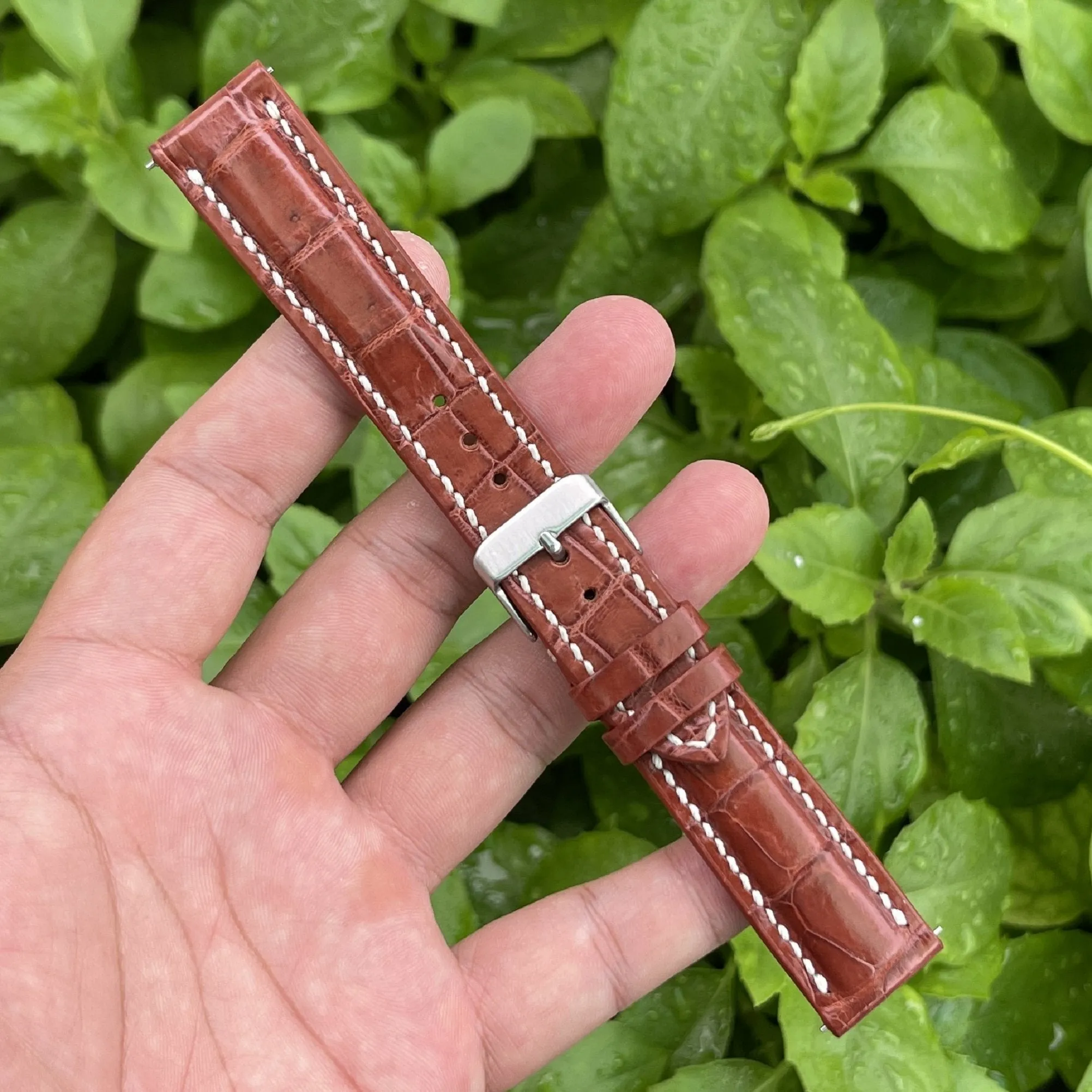 White Hand Stitching Light Brown Alligator Leather Watch Band For Men | Premium Crocodile Replacement Wristwatch Strap | DH-157