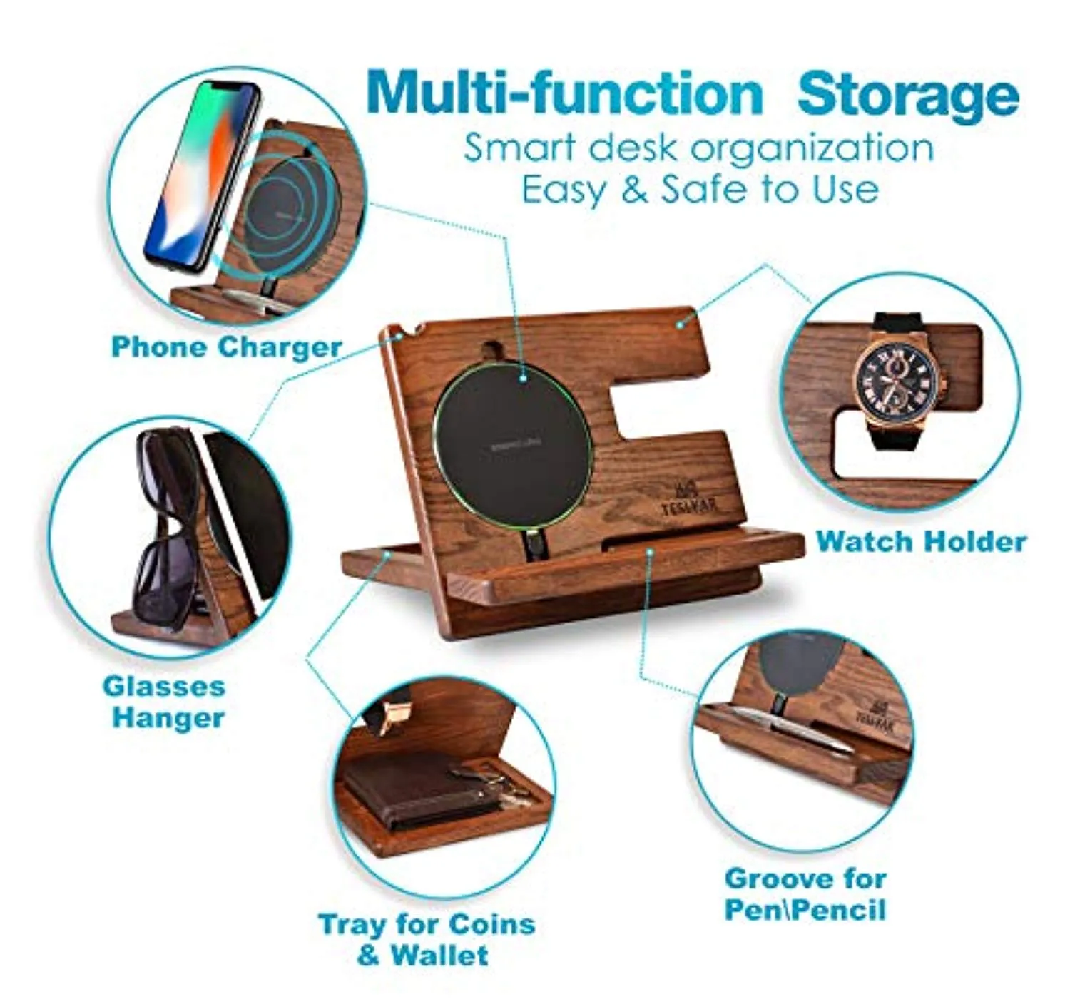 Wood Phone Docking Station Ash Key Holder Wallet Stand Watch Organizer Wireless Charging Pad Compatible with All Qi Devices